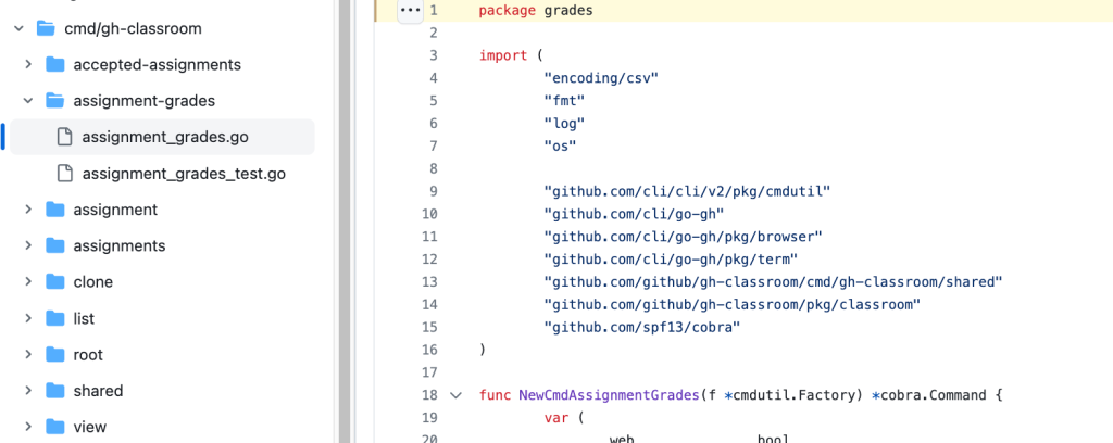 Screenshot of the Go package for the `assignment-grades` command.