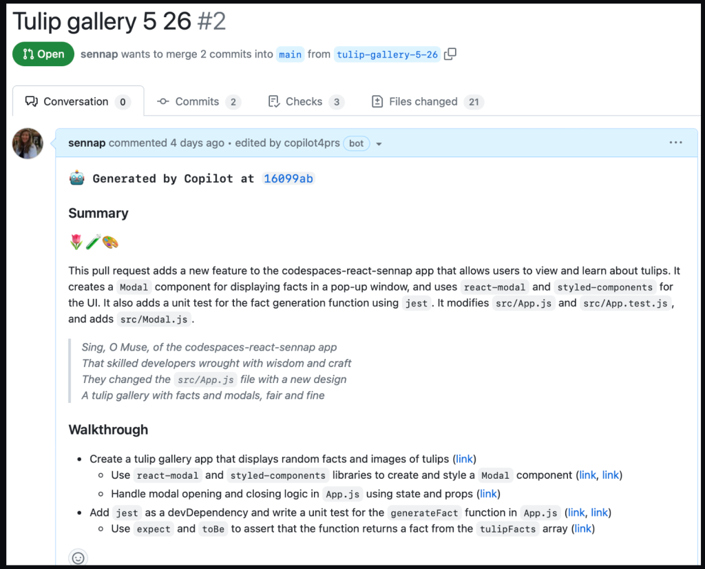 Screenshot of an open pull request, which was created by GitHub Copilot Chat, ready to be merged into the tulip gallery repository.