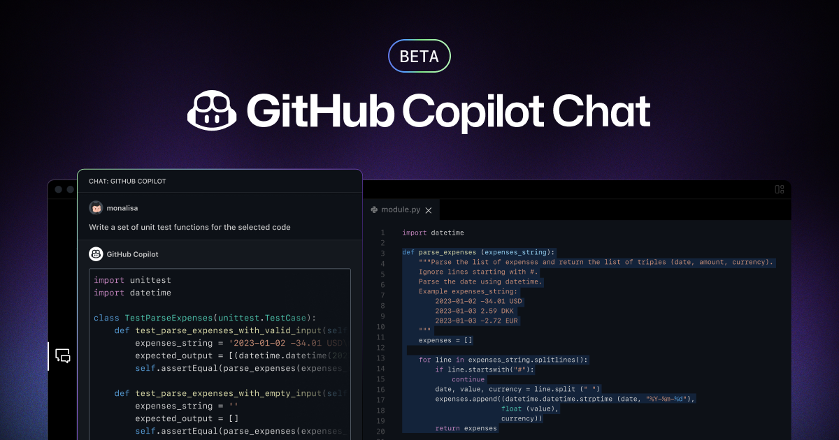 Интерфейс GitHub Copilot Chat с примерами кода на Python.