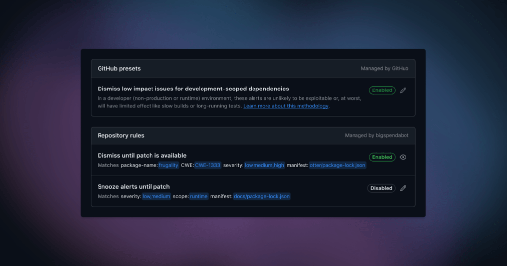 From the rules list view, you can manage GitHub-curated presets and create your own custom rules to auto-triage alerts.