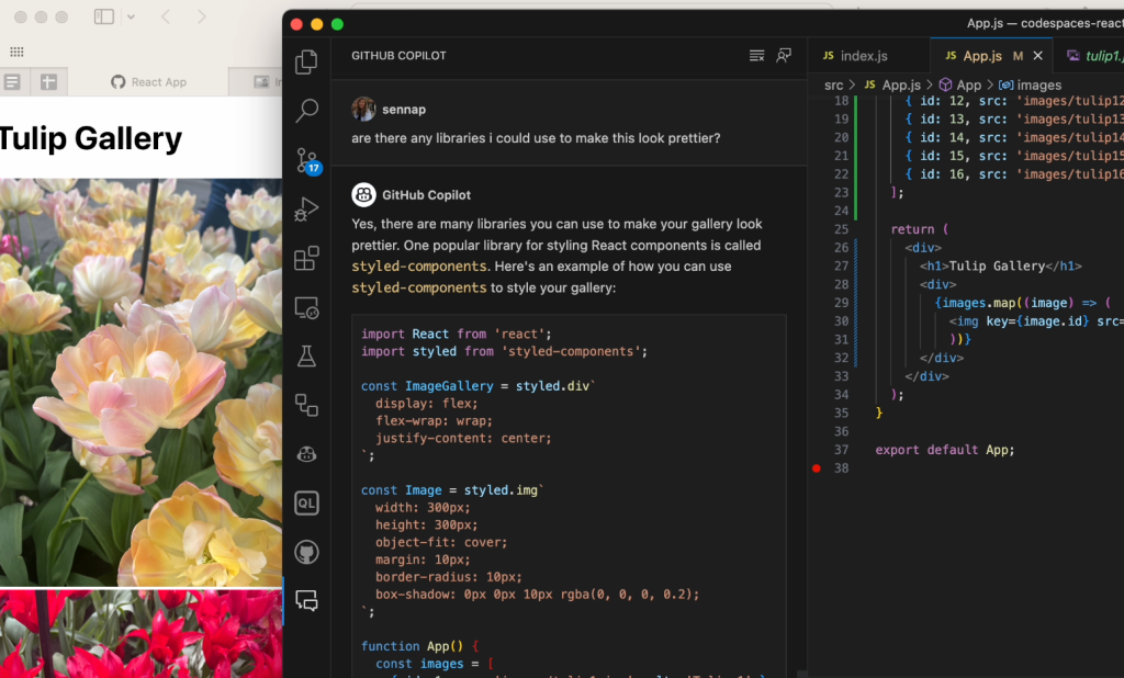 Screenshot of GitHub Copilot Chat open in a code editor, on top of a screenshot of a React app in progress. User sennap has asked GitHub Copilot Chat, "Are there any libraries I could use to make this prettier?" Chat has responded with an example of how to use styled-components to style the gallery.