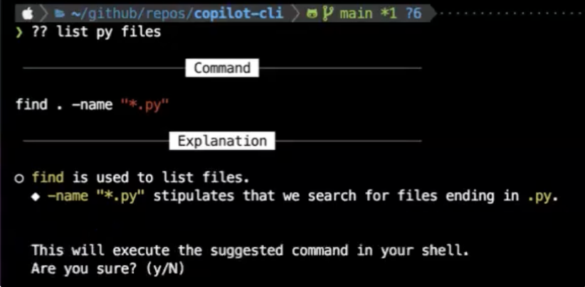 A screenshot of the AI coding tool GitHub Copilot in the command line interface. 