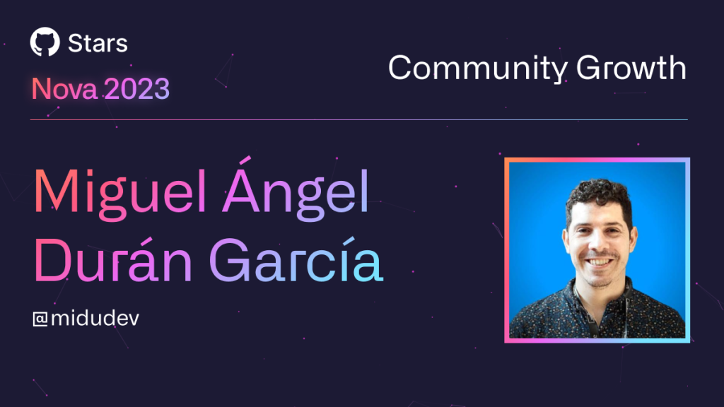 Promotional graphic for the GitHub Awards showing Miguel Ángel Durán García.