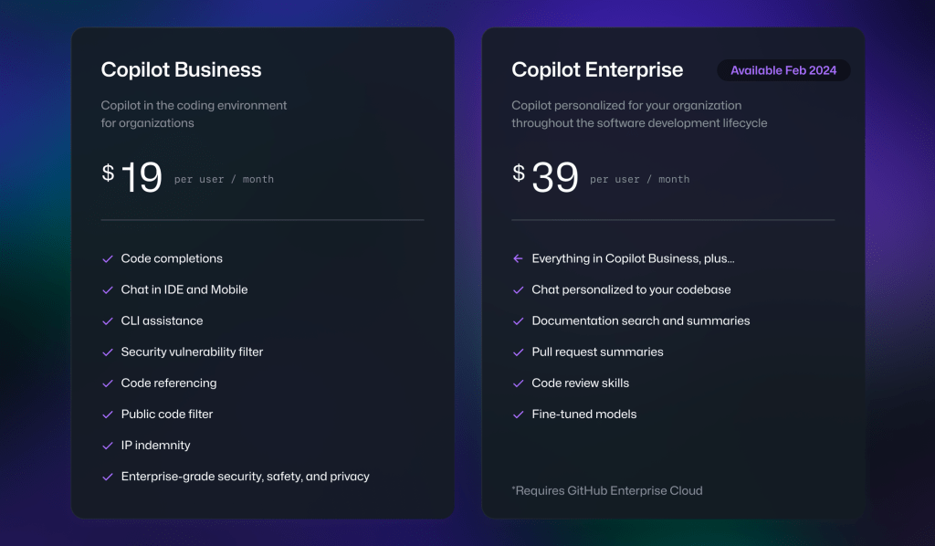 Pricing for GitHub Copilot Business is $19/per user per month and Copilot Enterprise is $39/per user per month (available Feb 2024).