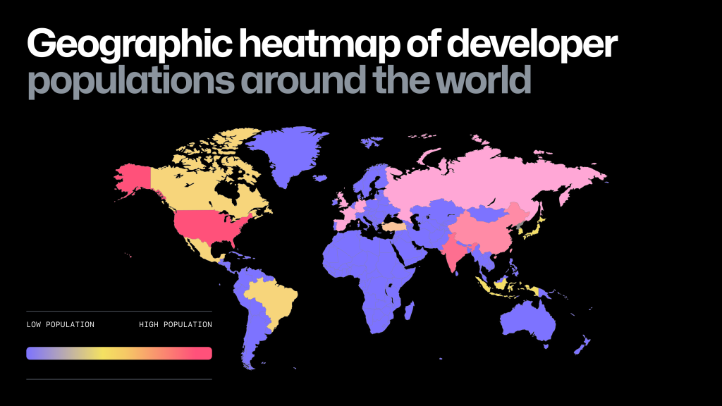 A heatmap showing global population densities on GitHub in 2023.