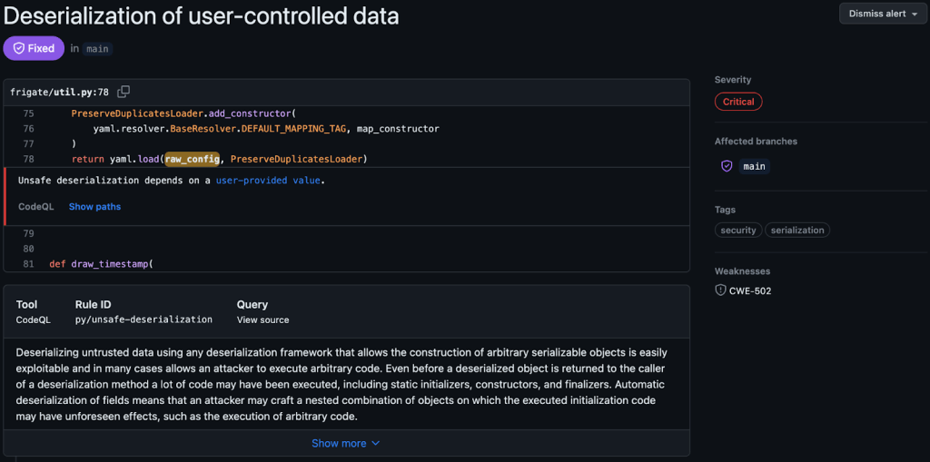 CodeQL的严重性警报的屏幕截图，“用户控制数据的反序列化”。警报顶部的标签指出它已被修复。
