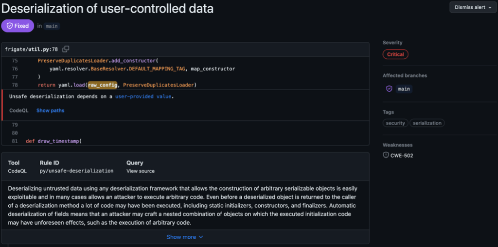 Screenshot of a critical severity alert from CodeQL, "Deserialization of user-controlled data." The label at the top of the alert notes that it has been fixed.