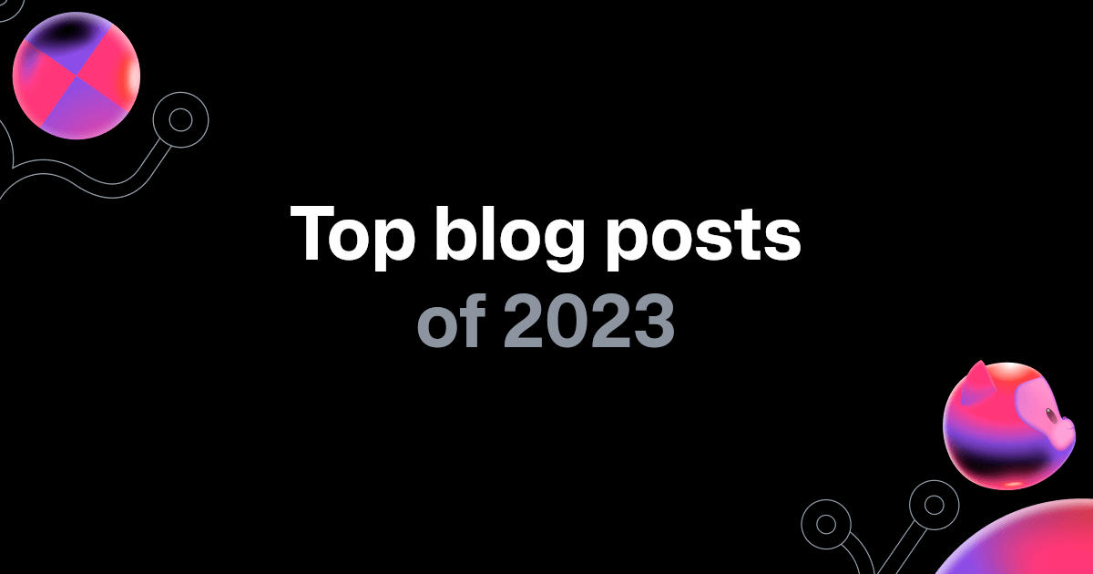 The image features a landscape aspect ratio with a dark background. Two collaboration-themed shapes are positioned in the top left and bottom right corners. The foreground text reads "Top blog posts of 2023," with the text centered.