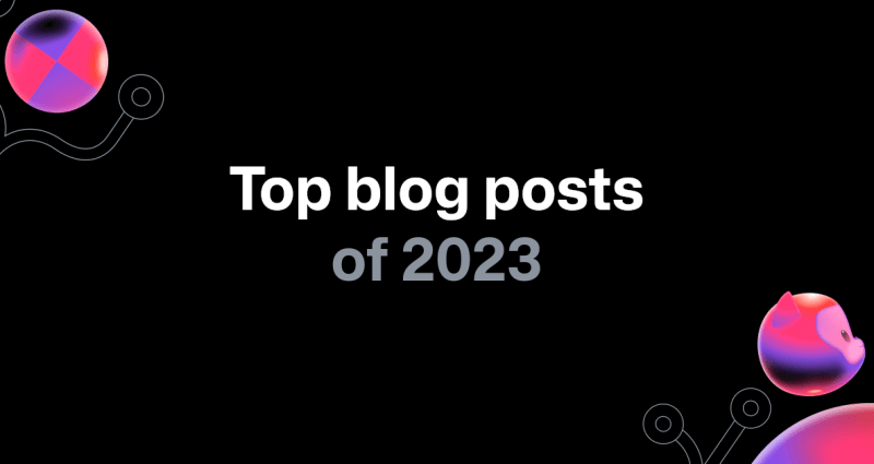 The image features a landscape aspect ratio with a dark background. Two collaboration-themed shapes are positioned in the top left and bottom right corners. The foreground text reads "Top blog posts of 2023," with the text centered.