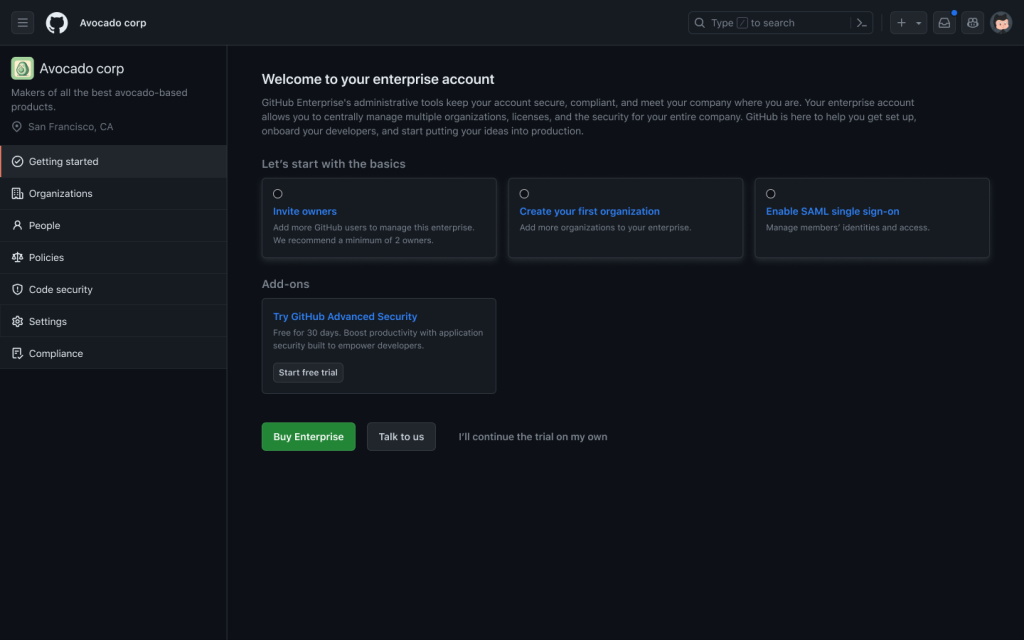 Screenshot of the enterprise account admin tools