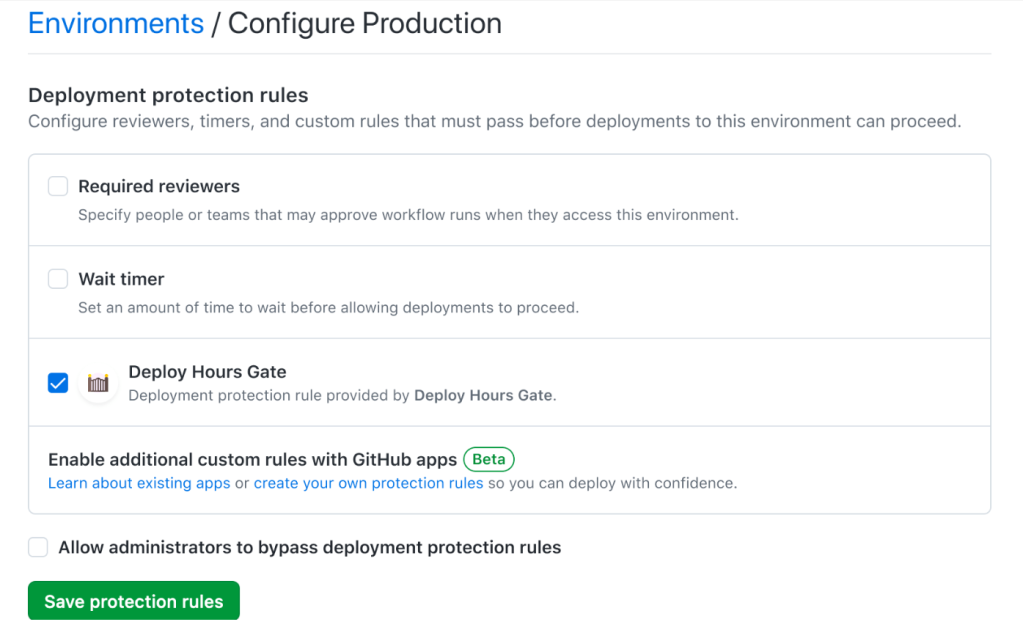 Screenshot of the Environments/Production menu where a user can configure their deployment protection rules. The "Deploy Hours Gate" box is selected.