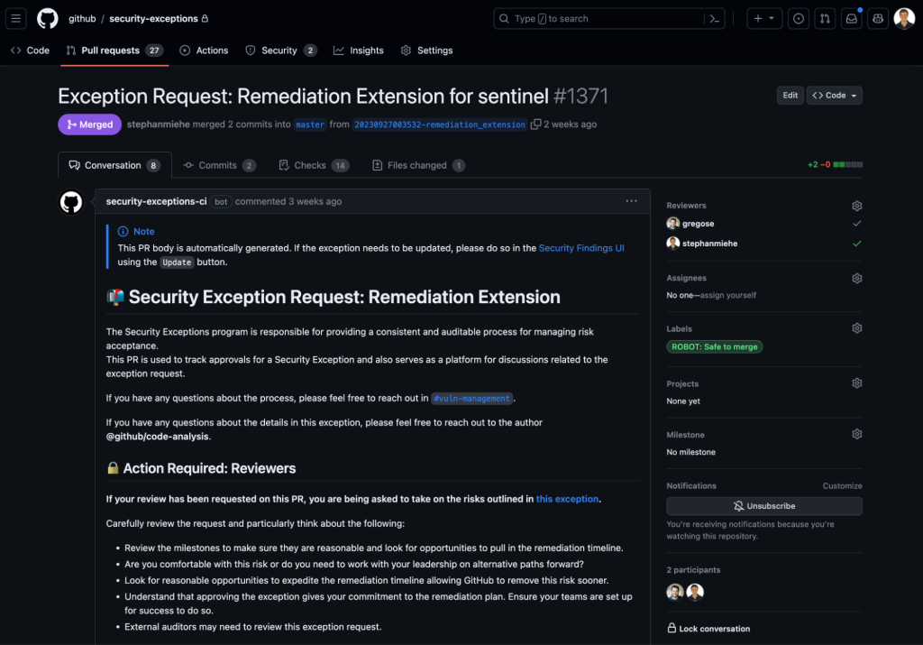 Screenshot of a merged pull request that was used to track approvals for the remediation extension for sentinel.