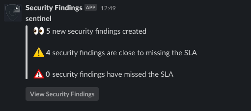 Screenshot of a message from Security Findings in Slack.