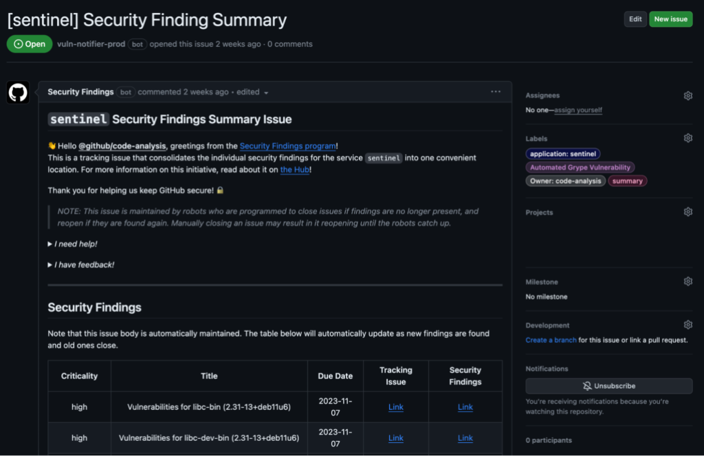 Screenshot of a GitHub issue title "[sentinel] Security Finding Summary."
