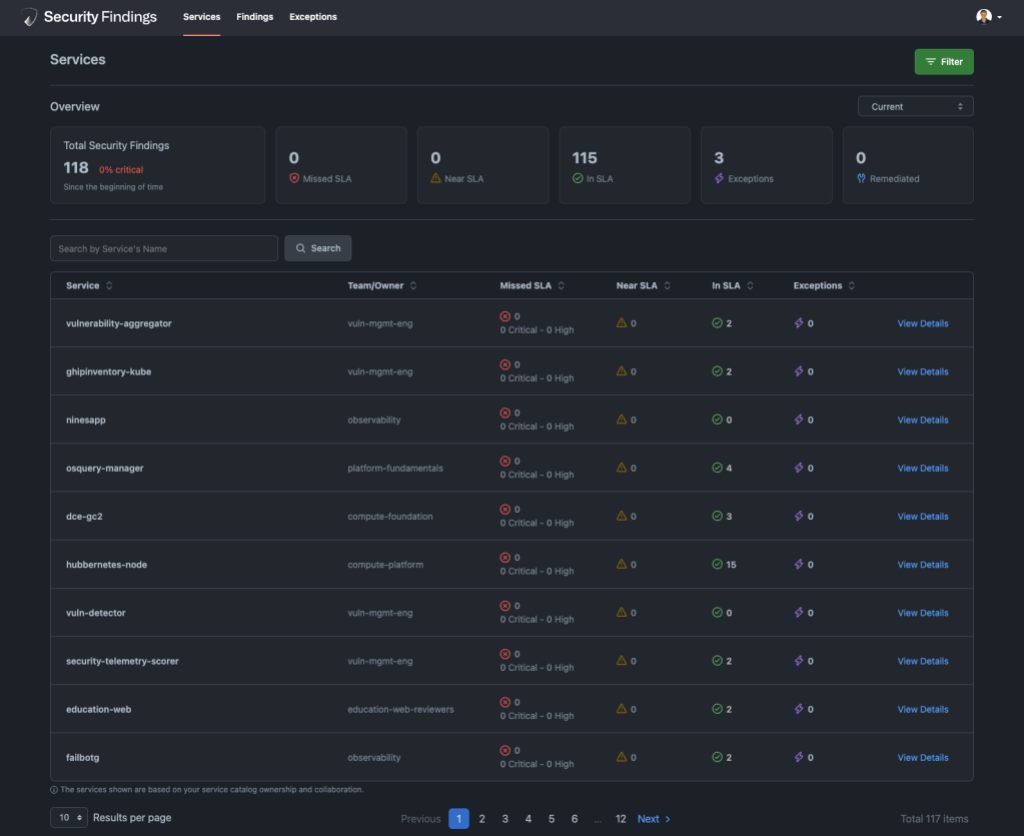 Screenshot of the Security Findings UI, showing 118 total security findings, 0 of which are marked as critical. A user can view the details of each finding by clicking on it in the displayed list.