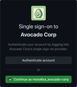 Screenshot of the single sign-on modal for a fictional corporation, "Avocado Corp."