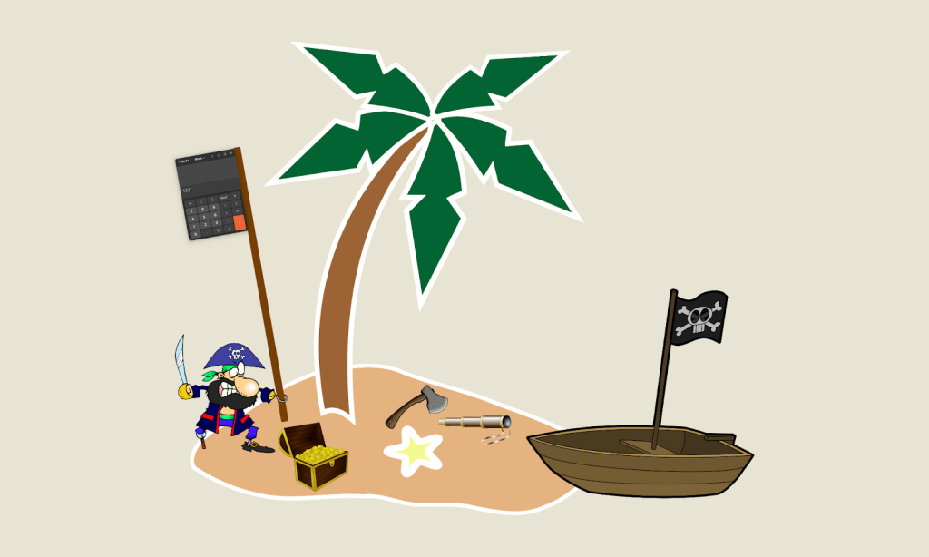 Cartoon image of a pirate on an island holding up a flag that has a calculator at the end of it.