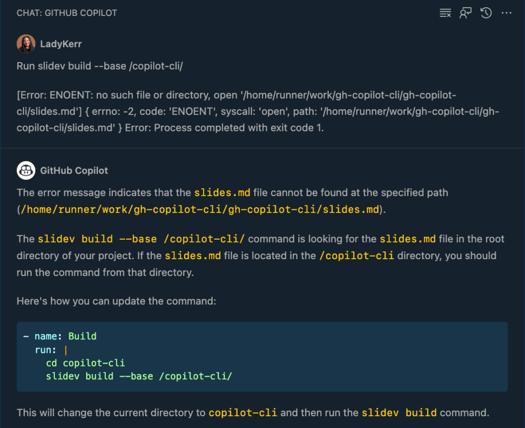 Conversation between GitHub Copilot Chat and developer to debug a GitHub Actions workflow