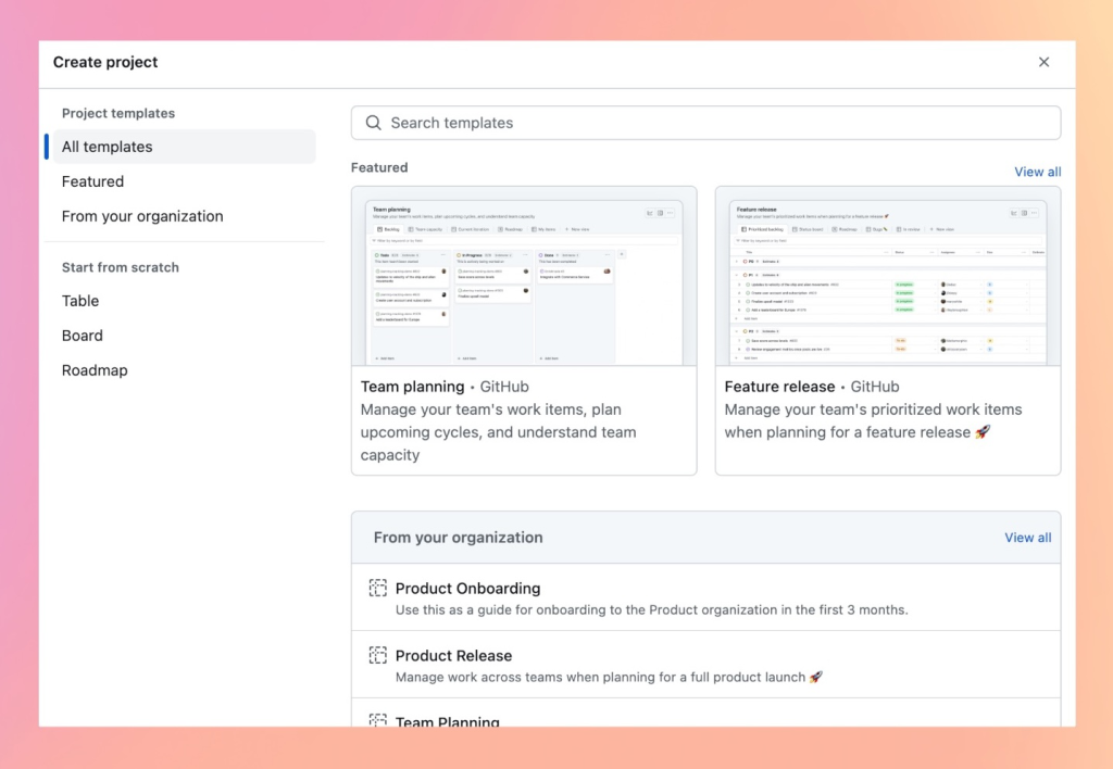 Image showing project template options when creating a new project.