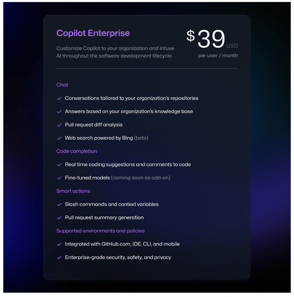 Pricing sheet for GitHub Copilot Enterprise. It will cost $39 per user per month.
