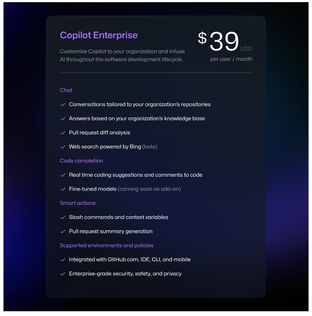 Pricing sheet for GitHub Copilot Enterprise. It will cost $39 per user per month.