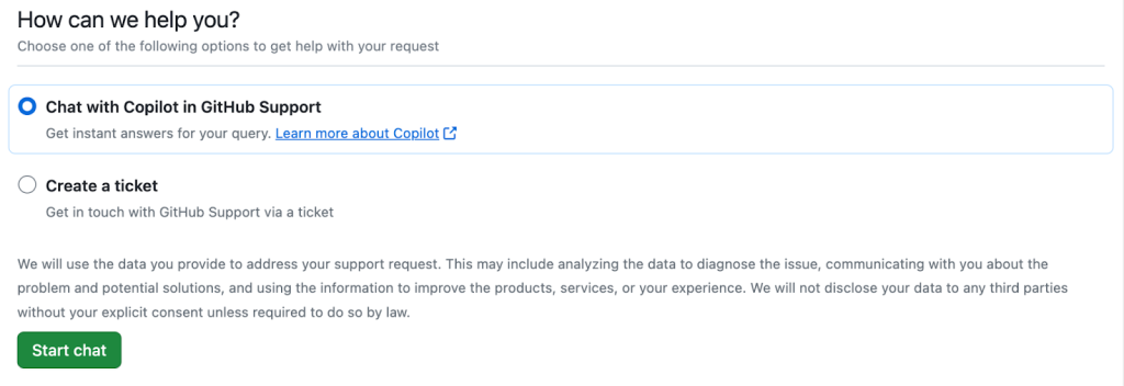 Screenshot of the interface allowing users who need help with GitHub to either chat with Copilot in GitHub Support or open a ticket.