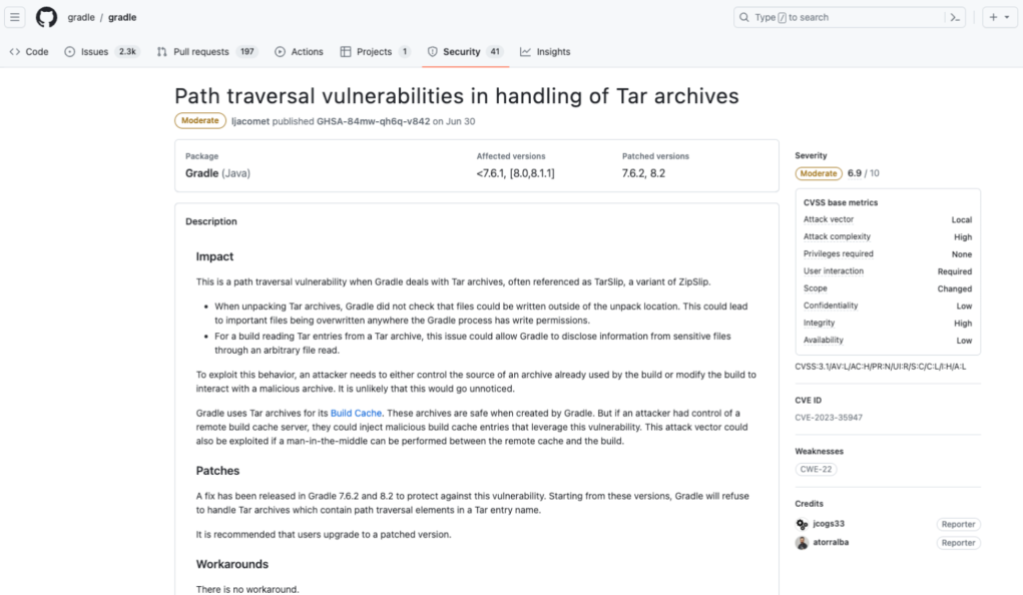 Screenshot of a security alert on GitHub.com that describes a new CVE, CVE-2023-35947, found with AI-generated models and variant analysis.