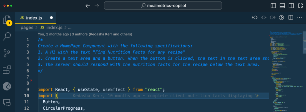 index.js file with a comment at the top asking Copilot to create a HomePage Component following detailed guidelines: a H1 text with label, a text area with a button, and a server response displaying facts returned