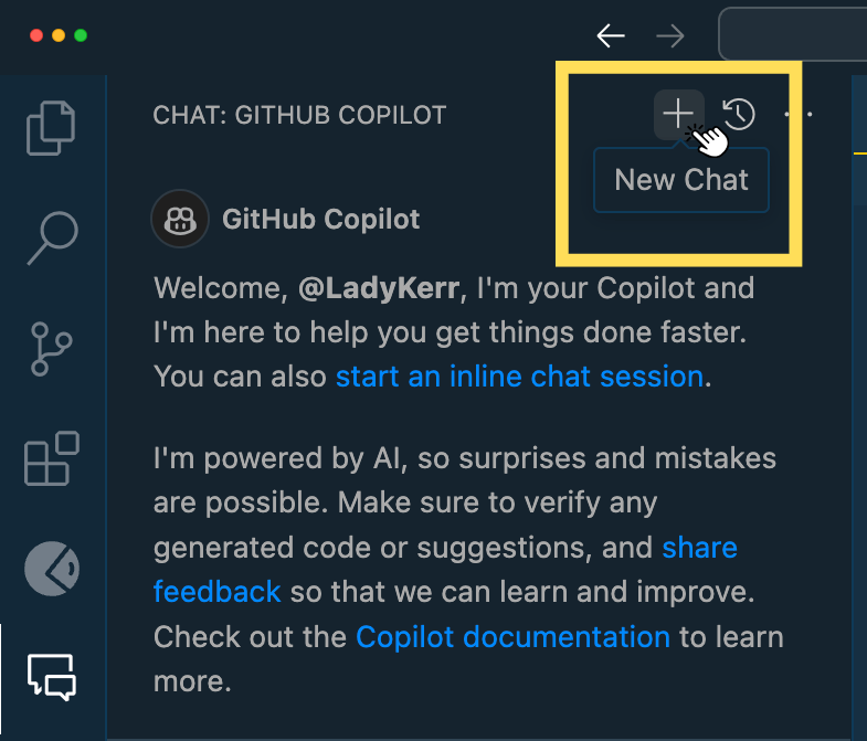 copilot chat interface with a mouse click on the plus button to start a new thread or conversation