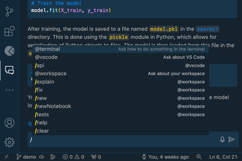  slash commands in VS Code terminal. commands shown are listed in the table above