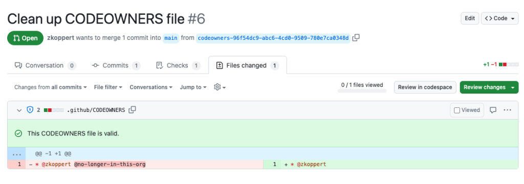 Screenshot of an example pull request where one maintainer is removed from the CODEOWNERS file because they left the company and no longer maintain this repository.
