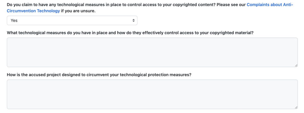 Screenshot of a portion of the web form on GitHub's page for submitting DMCA takedown requests, showing the following questions related to circumvention: 