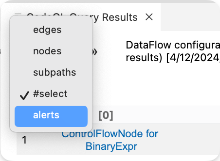 Change the view on your CodeQL query results to "alerts."