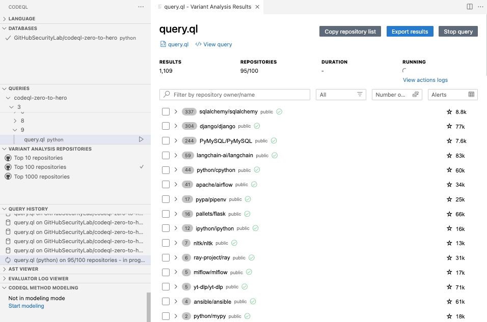 Screenshot of the query.ql Variant Analysis Results
