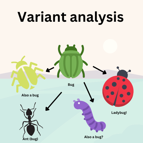 Cartoon-style drawing of several different types of bugs, including a ladybug, a spider, and ant, and two other ill-defined bugs labeled 