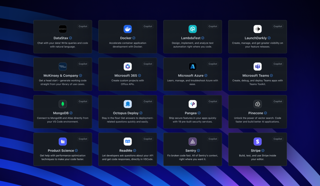 Sixteen GitHub Copilot Extensions from GitHub Copilot partners laid out as grid of tiles