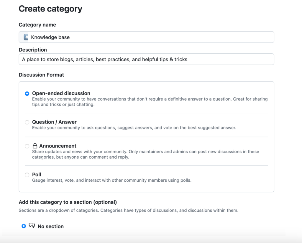 Screenshot of the form to add a new category to GitHub Discussions. The fields include category name, description, and discussion format.