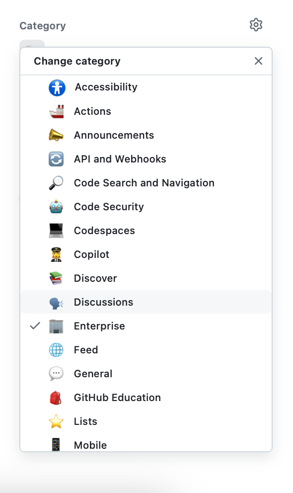 Screenshot of the change category menu.