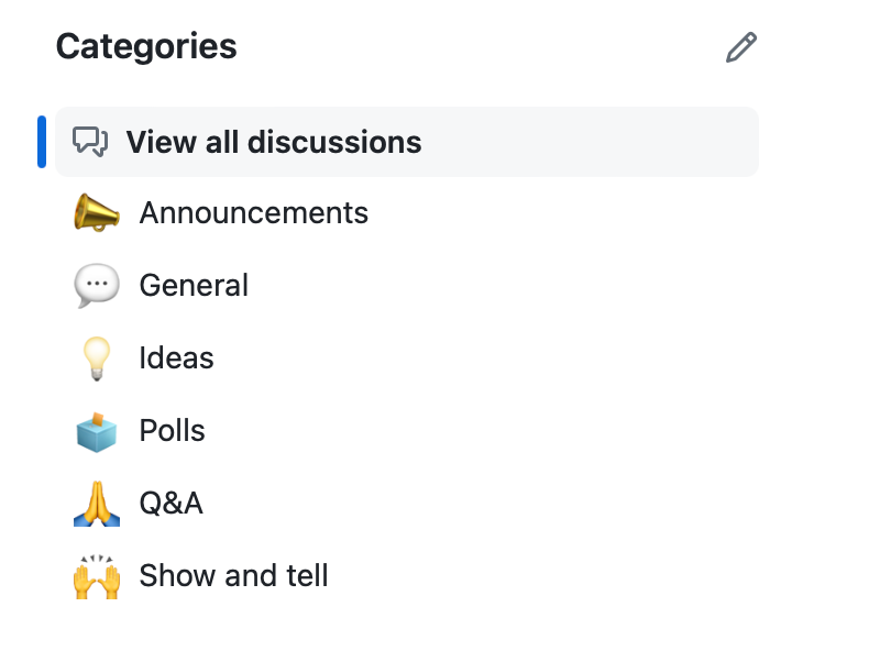 Screenshot of the list of default categories for GitHub Discussions. They are: announcements, general, ideas, polls, Q&A, and Show and tell.