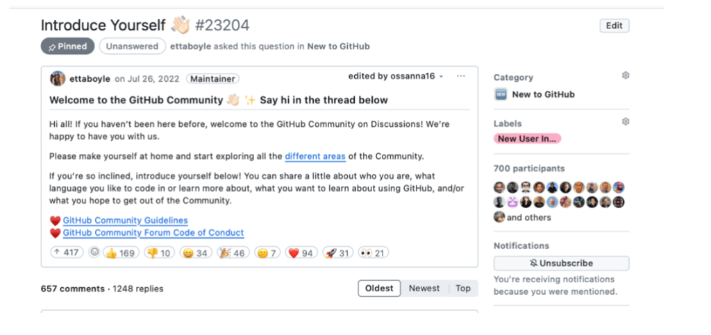 Screenshot of a discussion by use "ettaboyle" welcoming new members and inviting them to introduce themselves.