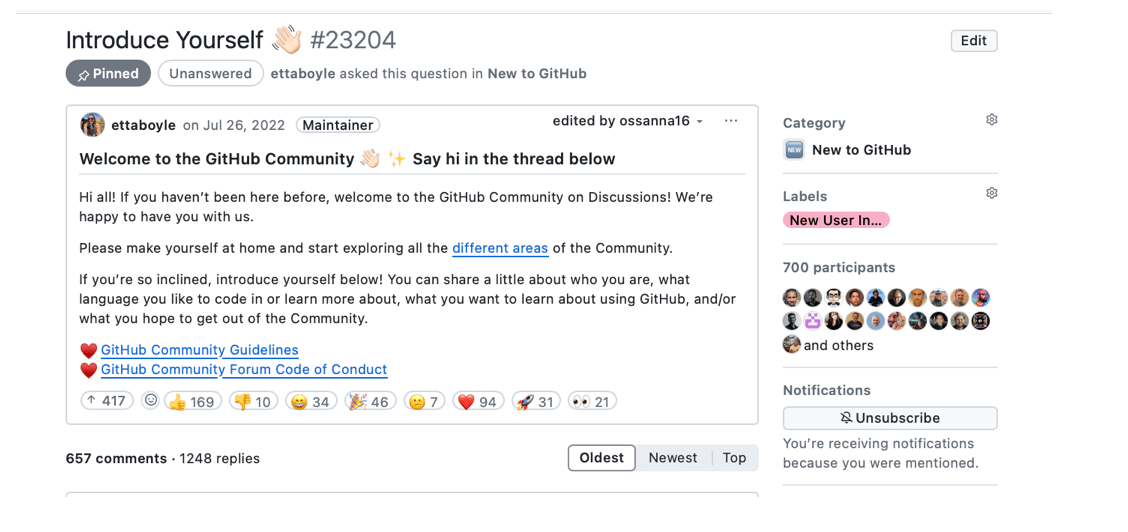 Screenshot of a discussion by use "ettaboyle" welcoming new members and inviting them to introduce themselves.