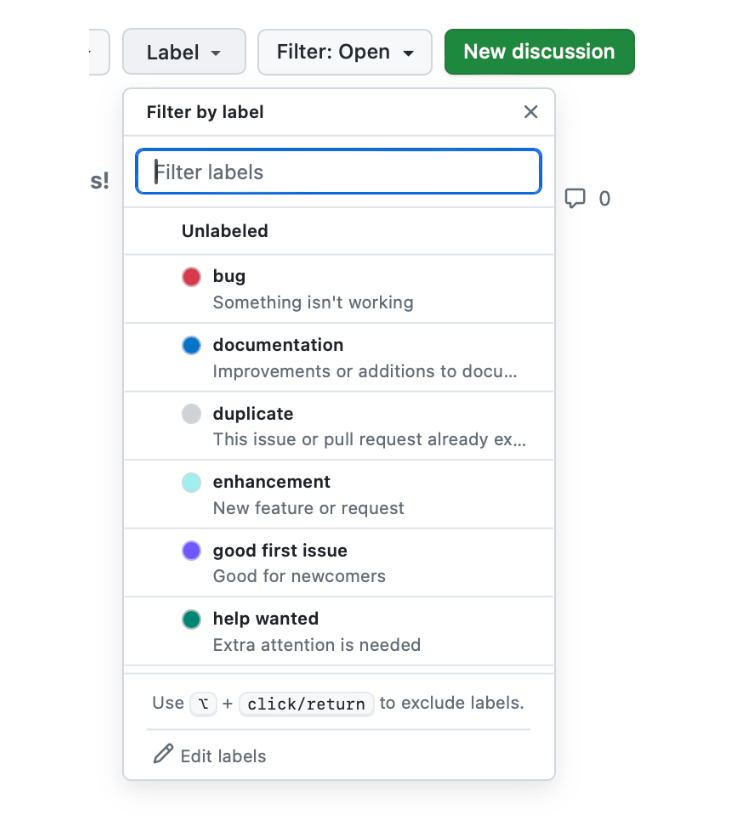 Screenshot of the list of default labels for GitHub Discussions. They are: bug, documentation, duplicate, enhancement, good first issue, and help wanted.