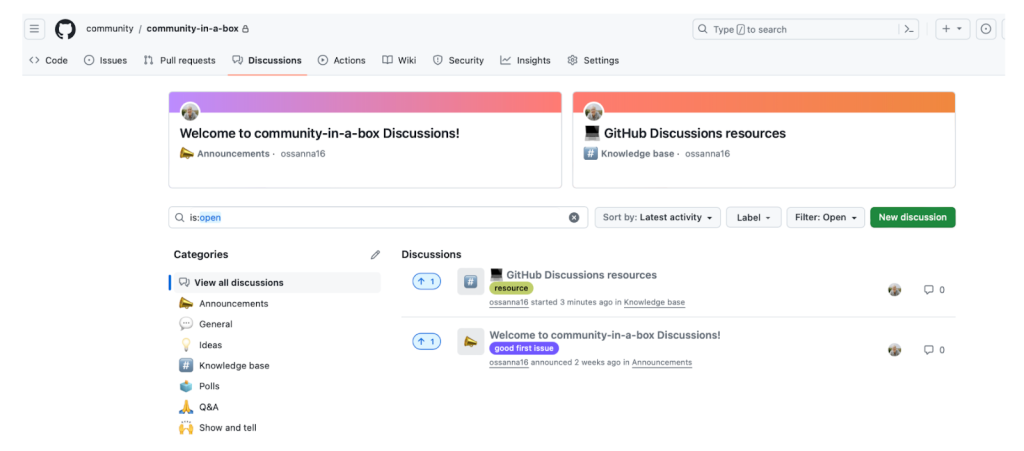 Screenshot of the Community-in-a-Box discussions page, with discussions titled "Welcome to community-in-a-box discussions!" and "GitHub Discussions resources" pinned to the top of the page.