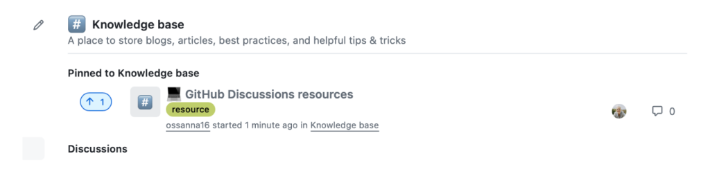 Screenshot of a discussion pinned to the landing page of the "Knowledge base" category.
