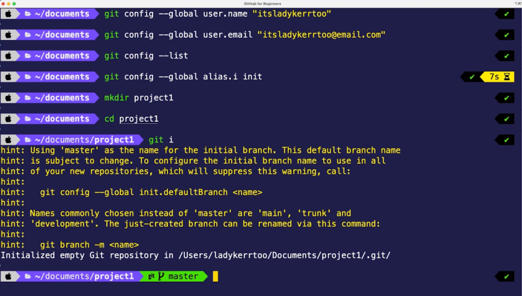 Screenshot of a terminal with the git init command and responses typed out.