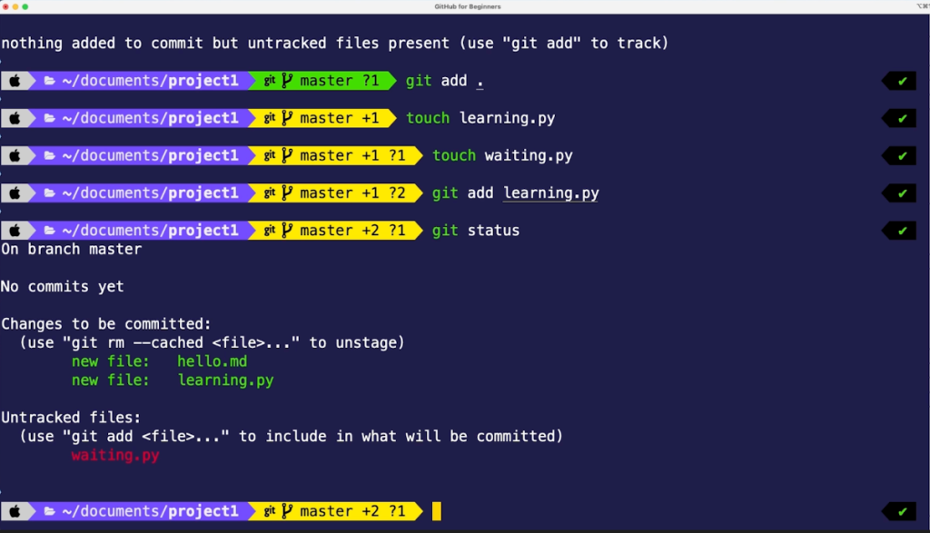 Using git add to track a file called learning.py