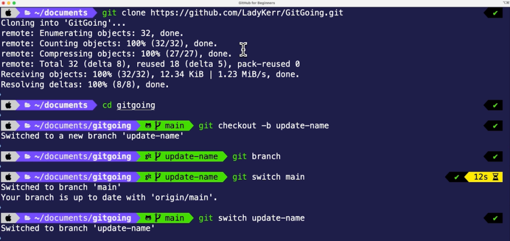 Using the the git switch command to go back to the main branch.