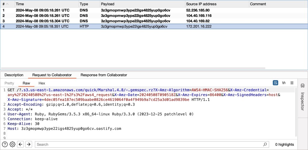 A screenshot of Burp Collaborator depicting that the desired Collaborator URL was triggered via GET Request.