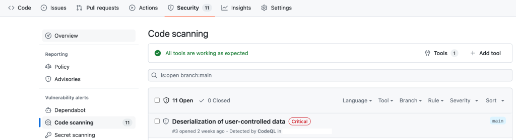 A screenshot of the GitHub security tab depicting code scanning results. One result with the name “Deserialization of user-controlled data” is visible.