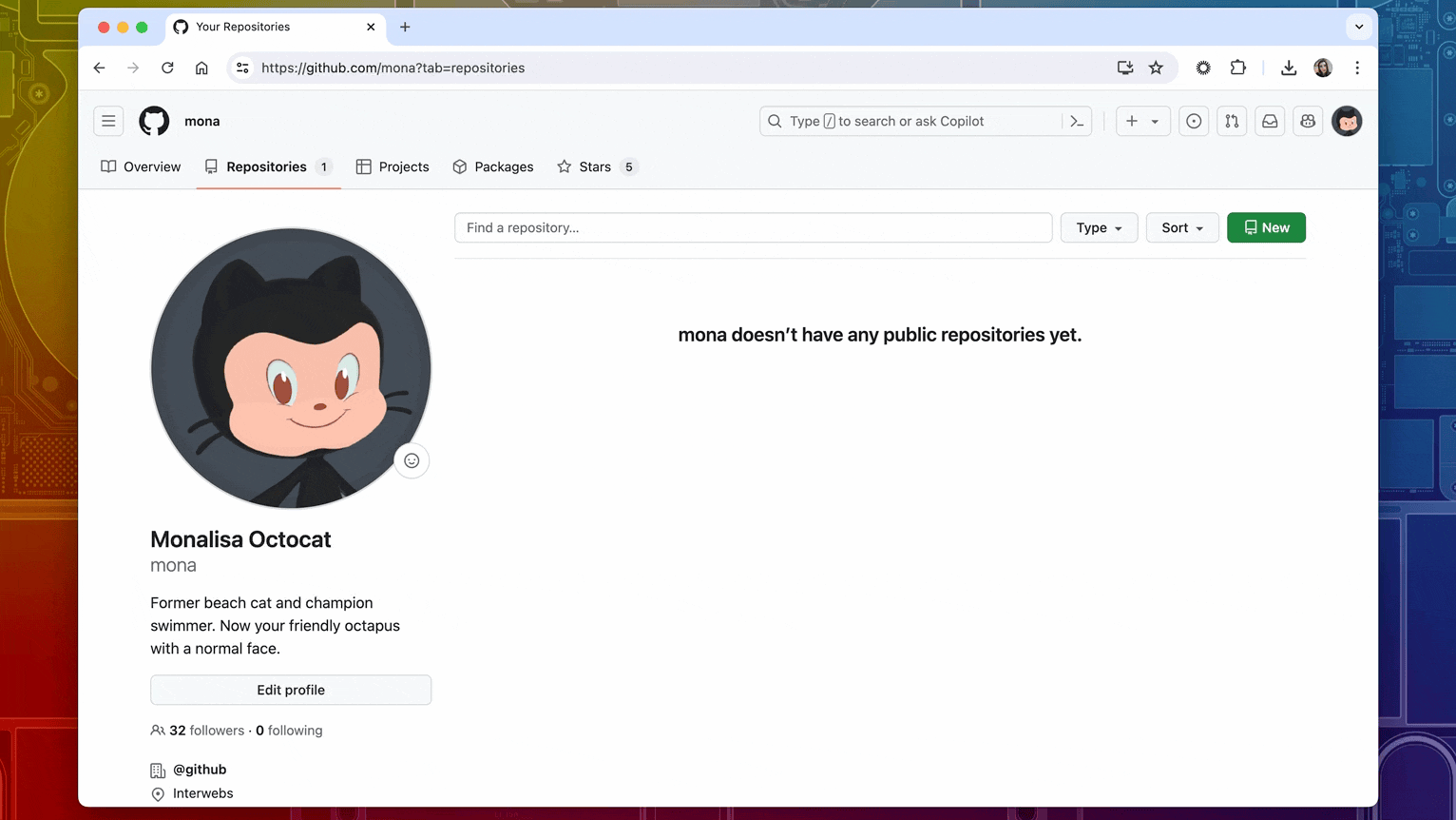 An animated gif showing the creation of a GitHub repo by pressing a green 